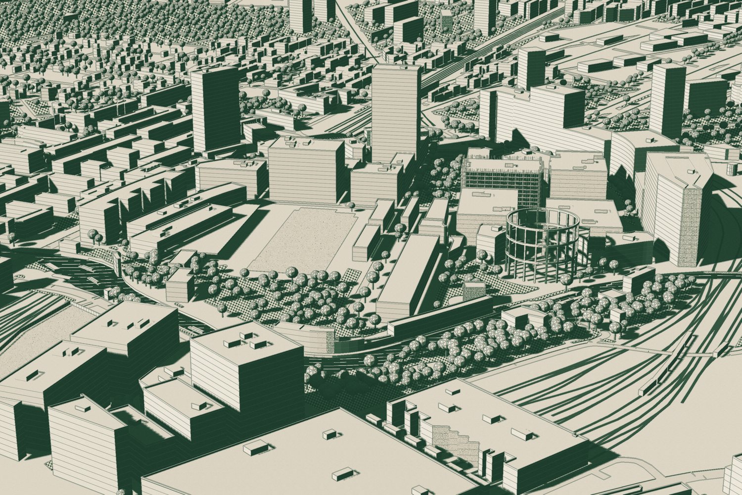 An illustrative model of a canal-side district, printed in green ink on cream paper