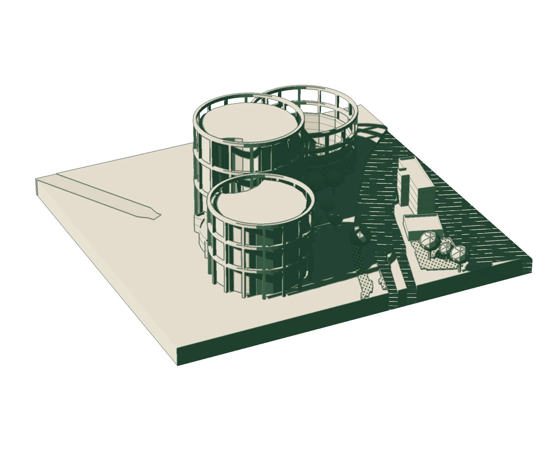 Three gasholder frames beside a planted square