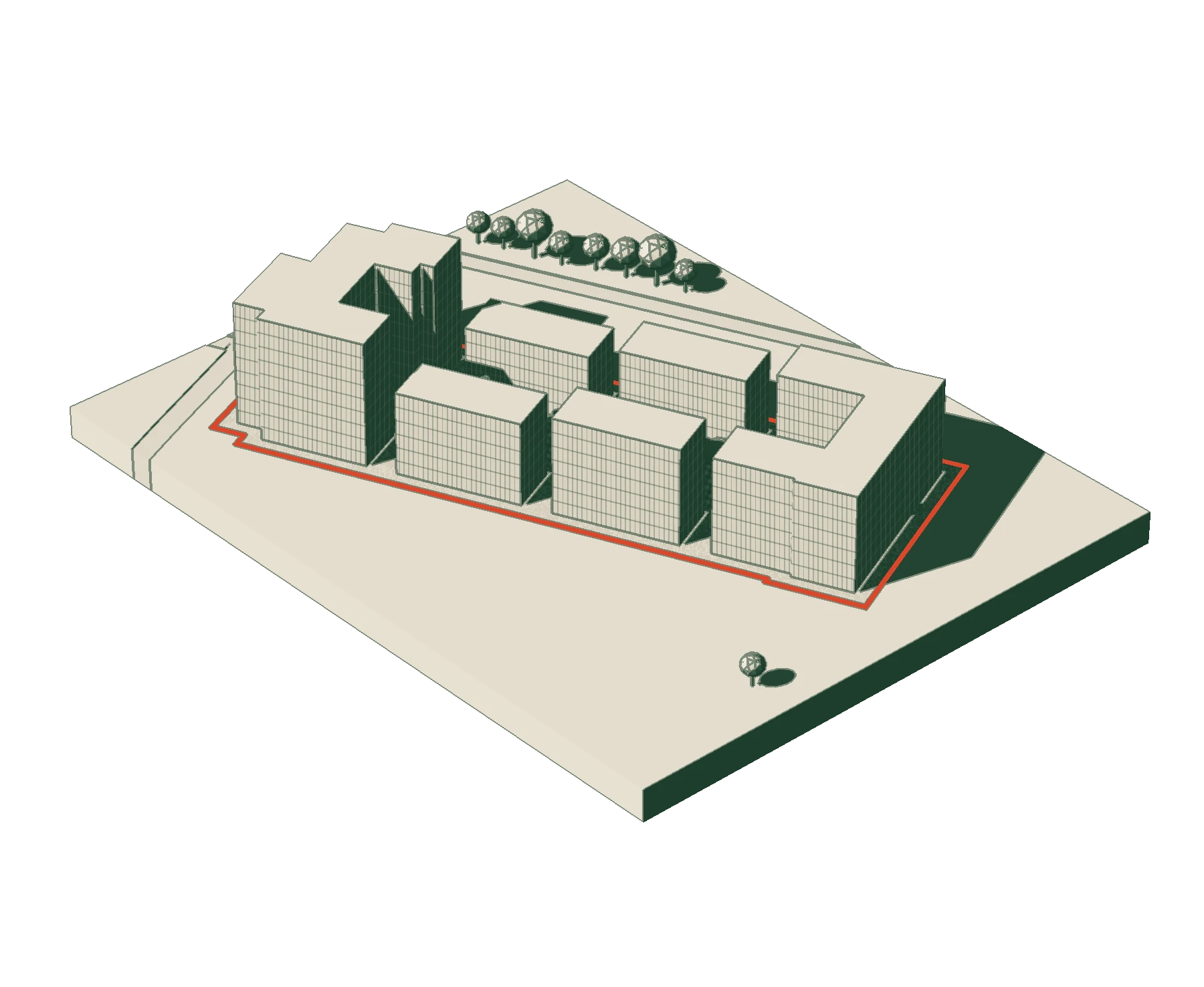 A block of homes around a courtyard on an outlined plot