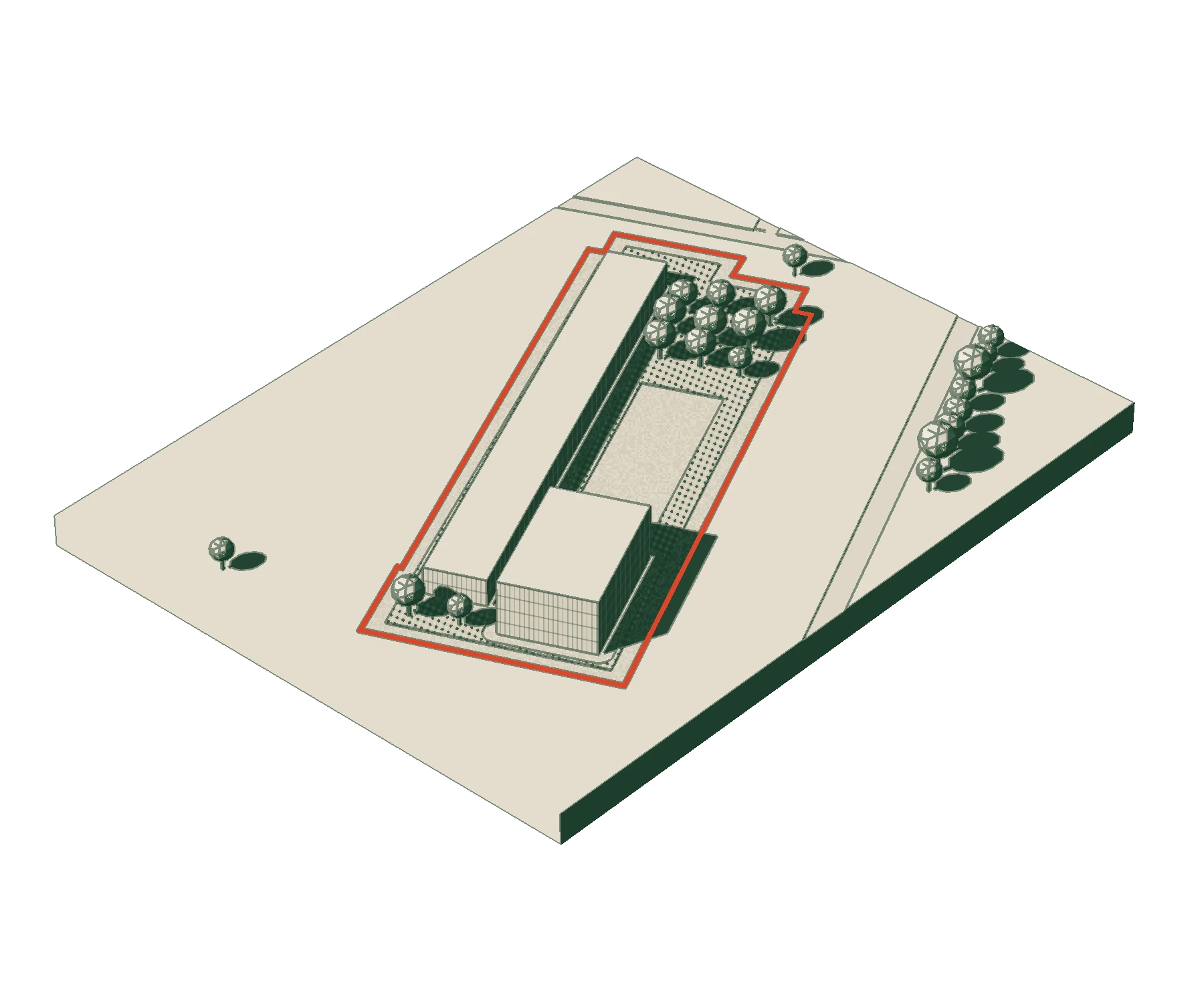 A low pavilion and a planted square on the same outlined plot