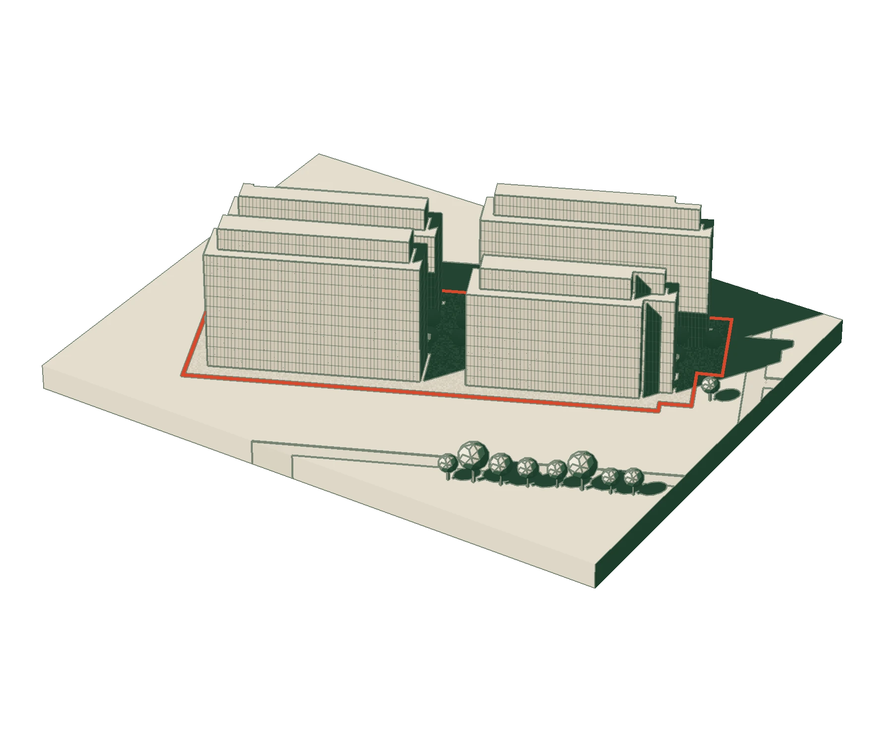Two workspace buildings on the same outlined plot