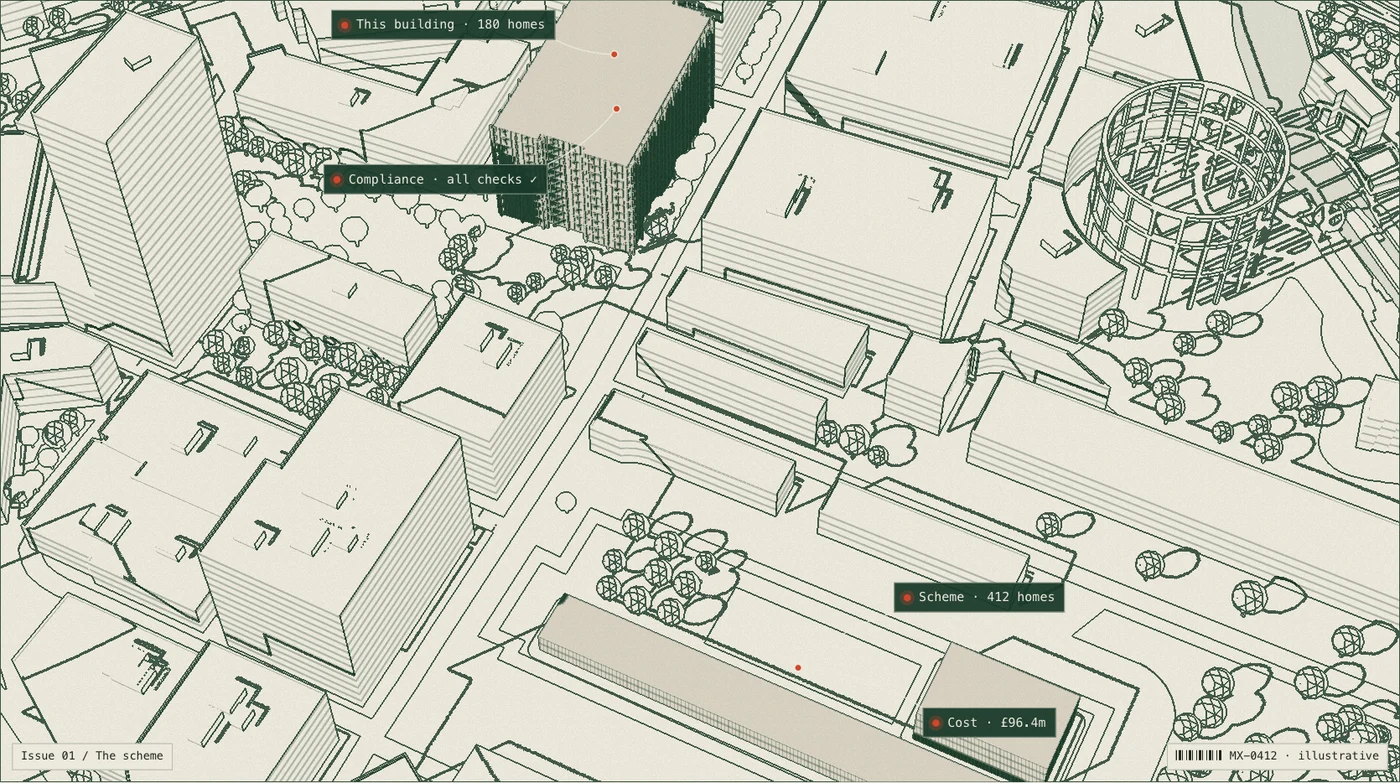 The scheme in its district: the designed building and the site, the district drawn in line around them